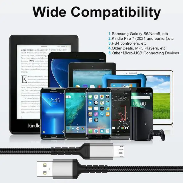 Alt view image 7 of 7 - 6FT Micro USB Cable for Samsung Galaxy S6, PS4 Controller, Old Android Charger, High Speed 2.0 USB A to USB Micro Charging Cord Replacement for Kindle -Black