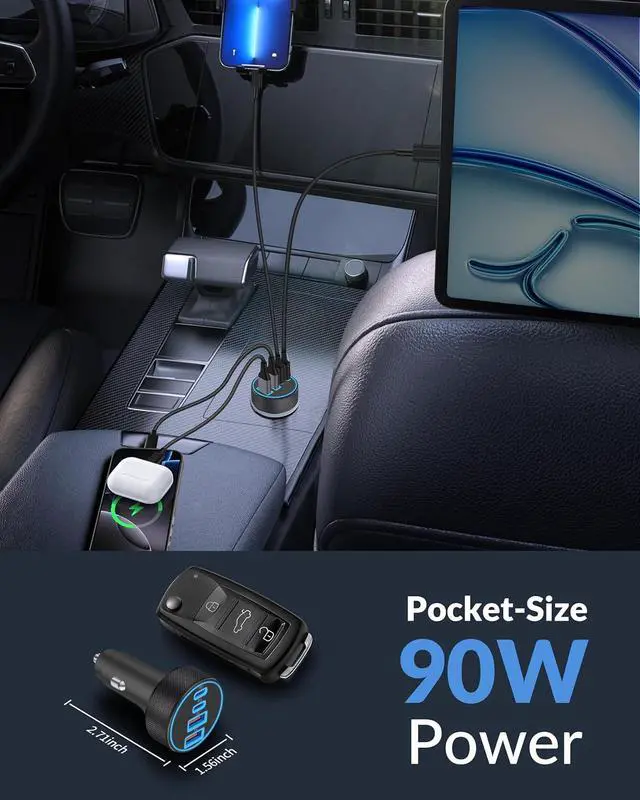 Alt view image 4 of 7 - USB C Car Charger, 4-Port 90W Super Fast Charging Cigarette Lighter Adapter