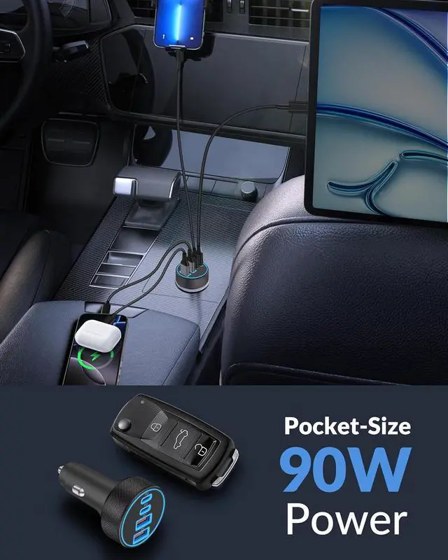 Alt view image 4 of 7 - 2 Pack Car Charger USB C, 4 in 1 90W Fast Charging 4-Port Car Phone Charger