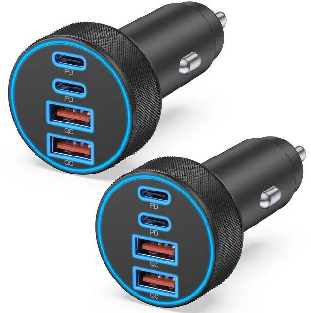 Main image of 2 Pack Car Charger USB C, 4 in 1 90W Fast Charging 4-Port Car Phone Charger