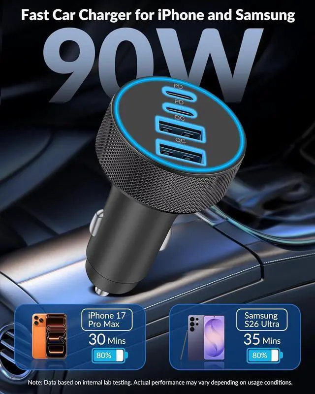 Alt view image 2 of 7 - 2 Pack Car Charger USB C, 4 in 1 90W Fast Charging 4-Port Car Phone Charger
