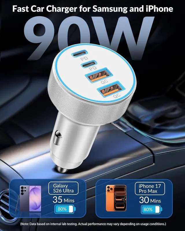Alt view image 2 of 7 - iPhone 17 16 15 Car Charger Fast Charging, 90W 4Port USB C Fast Car Charger