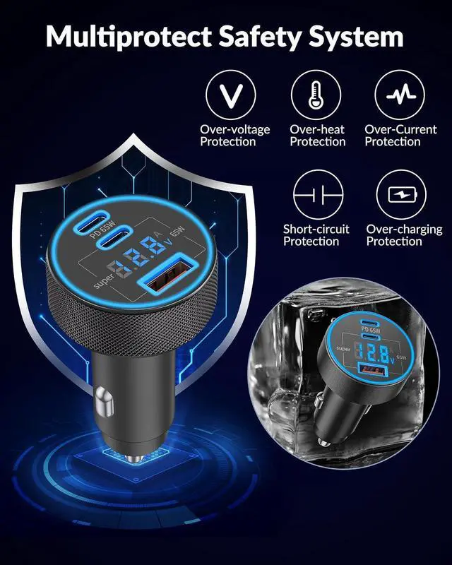Alt view image 7 of 7 - 2Pack 130W 3-Port USB C Super Fast Car Charger Adapter with Voltage Display