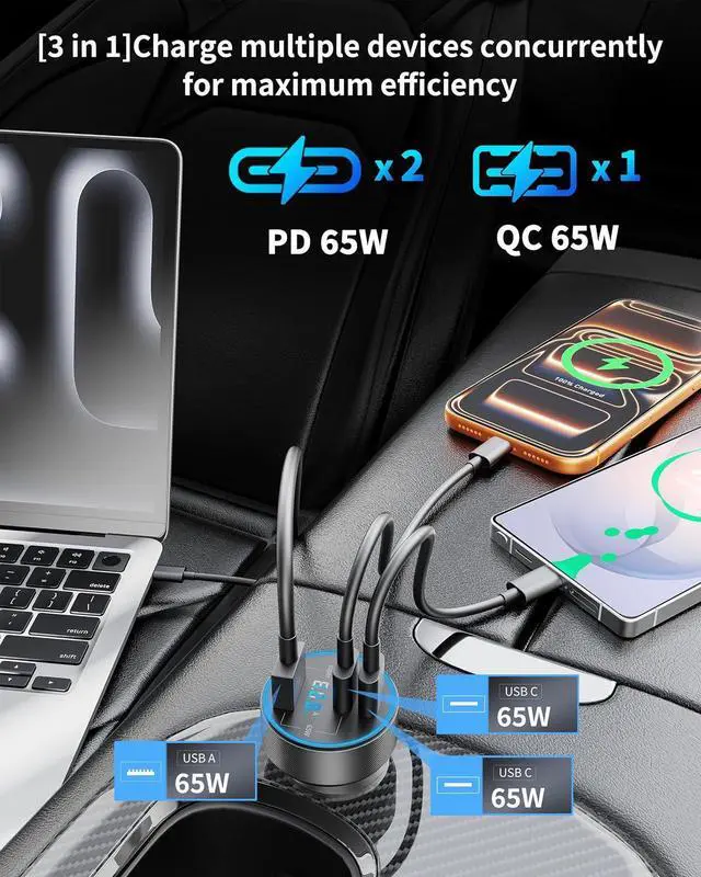 Alt view image 3 of 7 - 2Pack 130W 3-Port USB C Super Fast Car Charger Adapter with Voltage Display