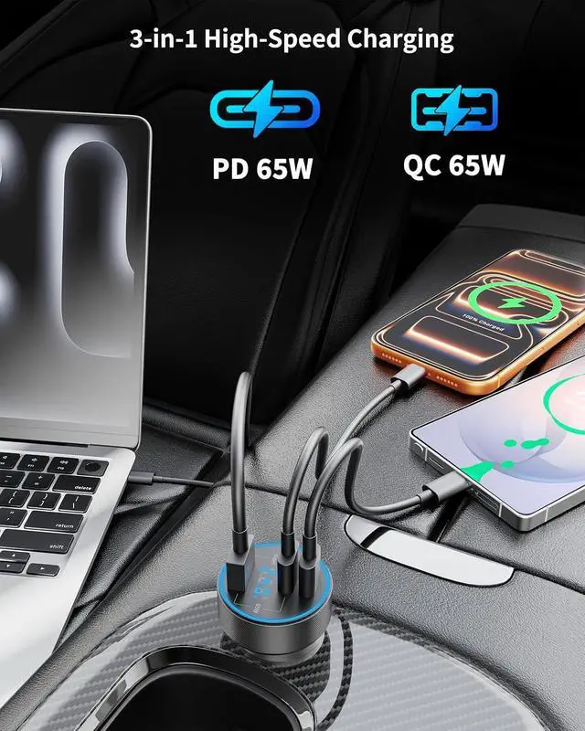 Alt view image 4 of 7 - Car Charger USB C, 130W 3-Port Fast Cigarette Lighter USB Charger Adapter