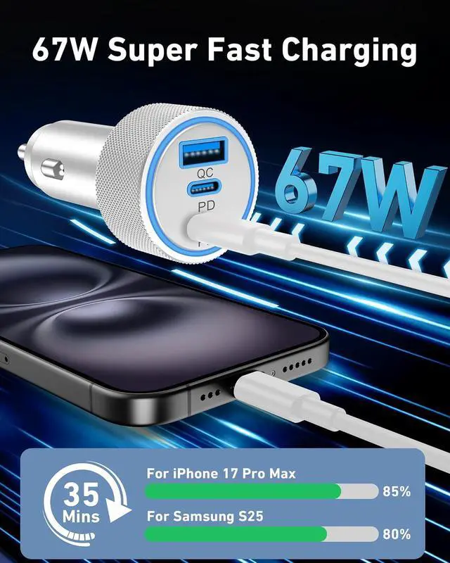 Alt view image 2 of 7 - 67W for iPhone 17 Air 17 Pro Max Car Charger Fast Charging, 67W 3-Port USB C Car Charger Adapter Cigarette Lighter with 3FT USB-C Cable for iPhone 17/17 Pro/Air/16/15/16 Pro Max/Plus, iPad Pro/Air