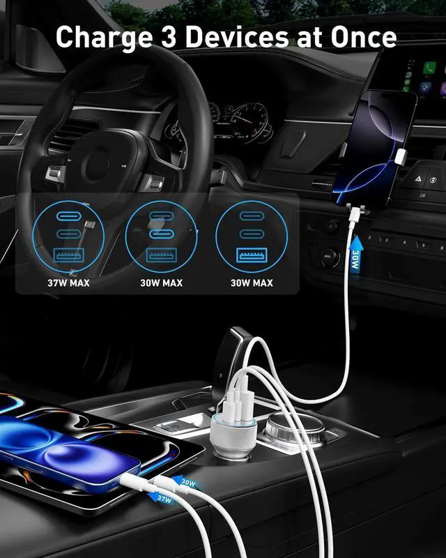 Alt view image 3 of 7 - 67W for iPhone 17 Air 17 Pro Max Car Charger Fast Charging, 67W 3-Port USB C Car Charger Adapter Cigarette Lighter with 3FT USB-C Cable for iPhone 17/17 Pro/Air/16/15/16 Pro Max/Plus, iPad Pro/Air