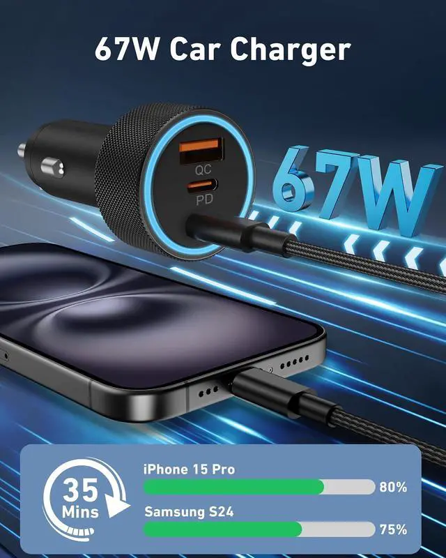 Alt view image 2 of 5 - Car Charger, 3-Port 67W Dual USB-C & USB-A Car Power Adapter