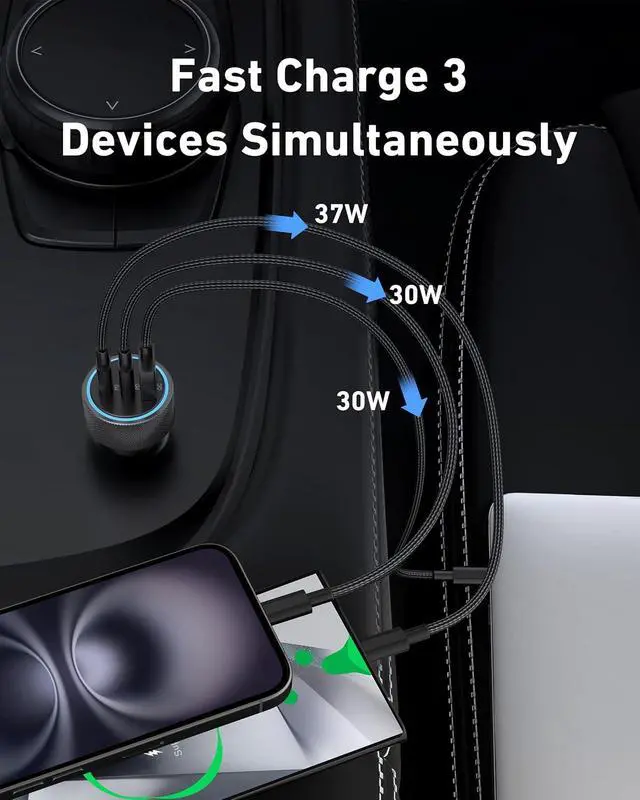 Alt view image 3 of 5 - Car Charger, 3-Port 67W Dual USB-C & USB-A Car Power Adapter
