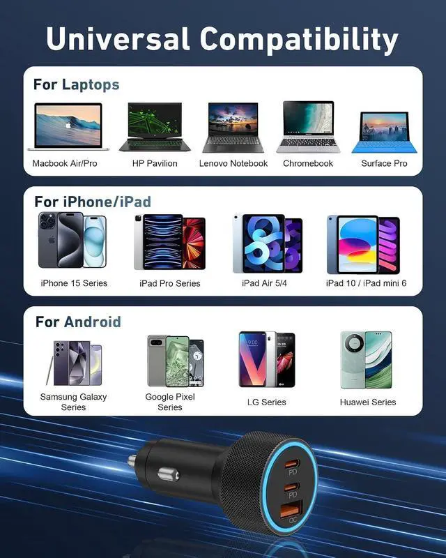 Alt view image 5 of 5 - Car Charger, 3-Port 67W Dual USB-C & USB-A Car Power Adapter