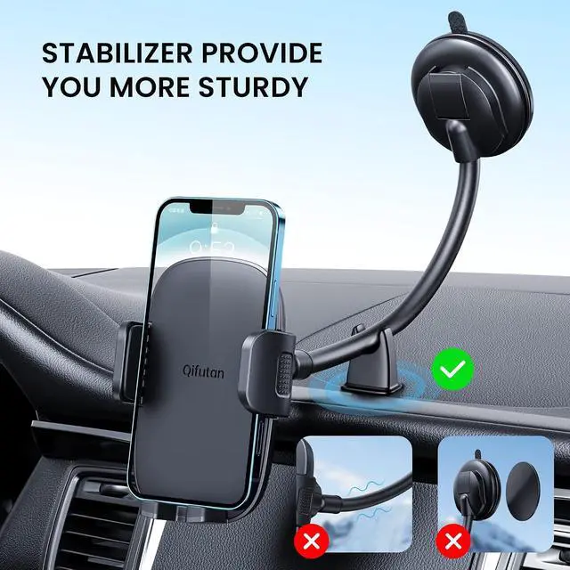 Alt view image 2 of 7 - Cell Phone Holder for Car Phone Mount Long Arm Dashboard Windshield Car Phone Holder Anti-Shake Stabilizer Phone Car Holder Compatible with All Phone Android Smartphone, Black