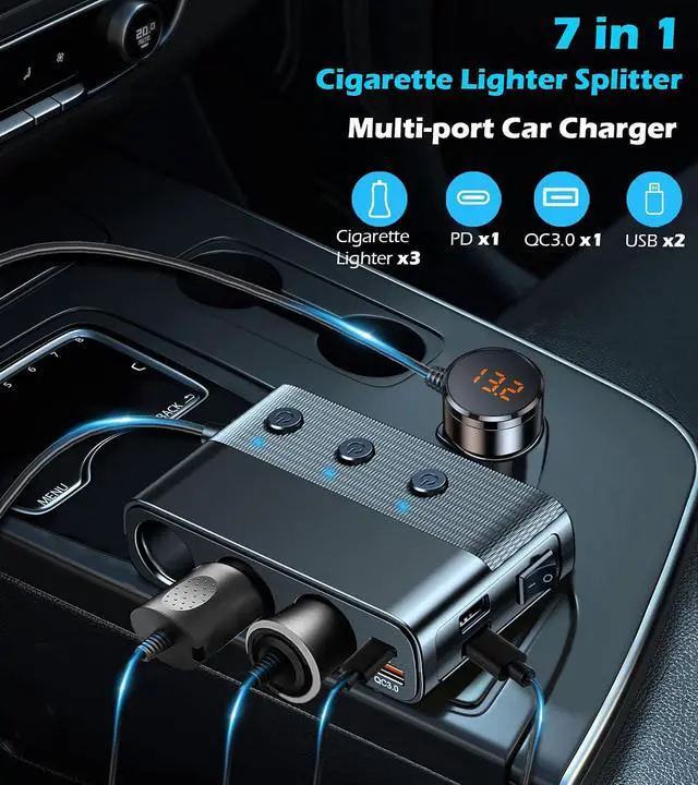 Alt view image 2 of 7 - 7-1 Cigarette Lighter Splitter, 3-Socket Adapter with PD 30W Type-C