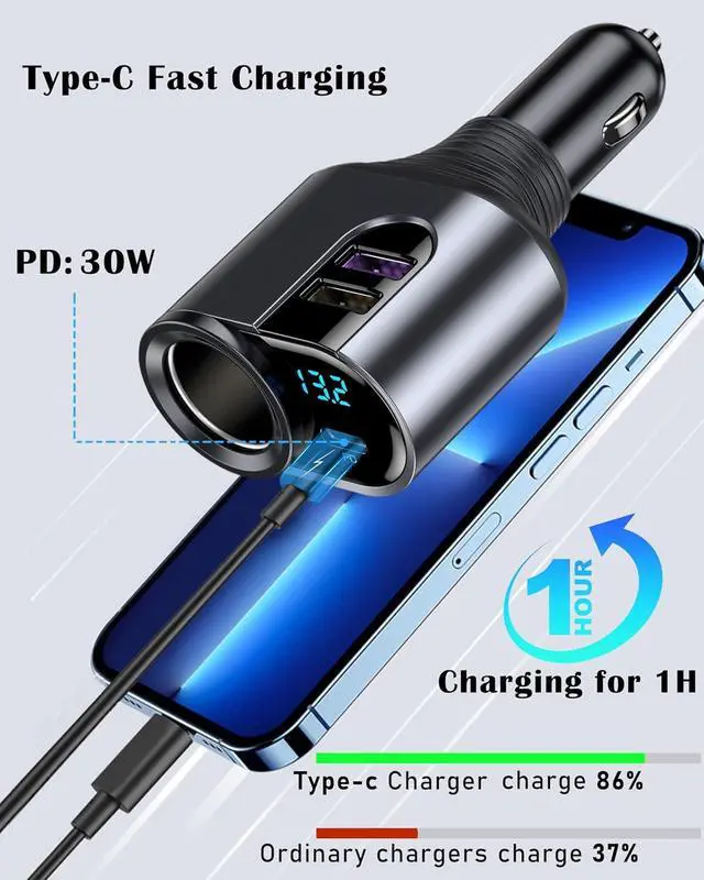 Alt view image 2 of 7 - USB C Fast Car Charger, 12V/24V Cigarette Lighter Socket Splitter