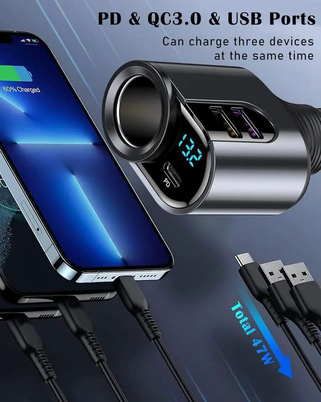Alt view image 3 of 7 - USB C Fast Car Charger, 12V/24V Cigarette Lighter Socket Splitter