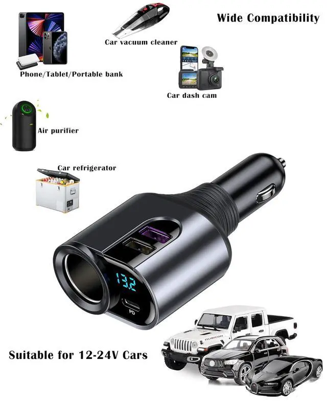 Alt view image 7 of 7 - USB C Fast Car Charger, 12V/24V Cigarette Lighter Socket Splitter