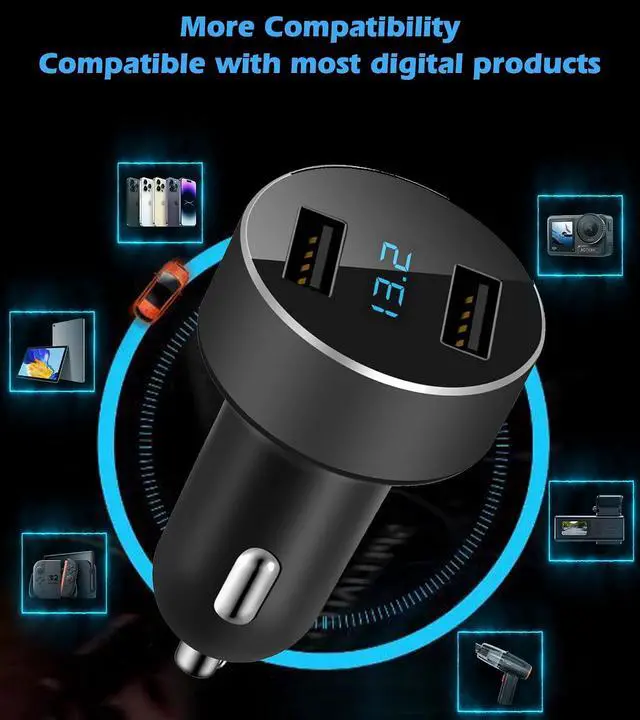 Alt view image 4 of 7 - 2 USB Car Charger,12V/24V Voltage Meter, Black