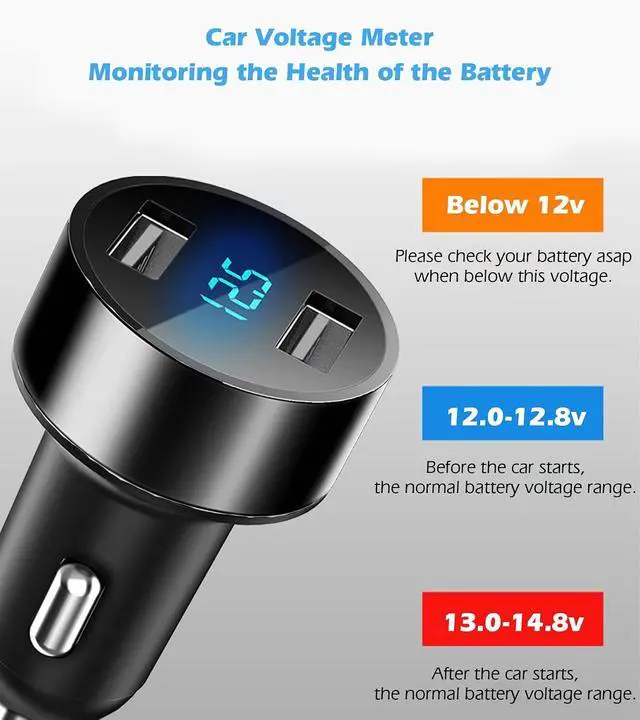 Alt view image 5 of 7 - 2 USB Car Charger,12V/24V Voltage Meter, Black