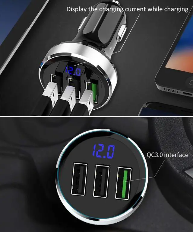 Alt view image 2 of 7 - 3 USB Car Charger,12V/24V Voltage Meter, Silver