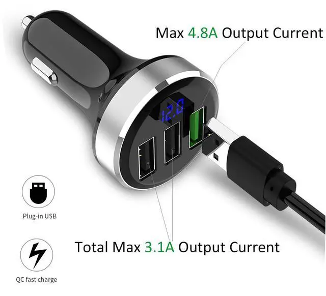 Alt view image 3 of 7 - 3 USB Car Charger,12V/24V Voltage Meter, Silver