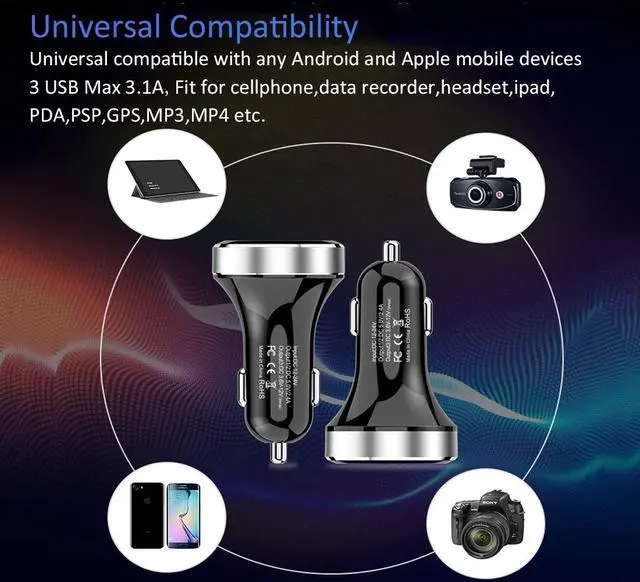 Alt view image 4 of 7 - 3 USB Car Charger,12V/24V Voltage Meter, Silver