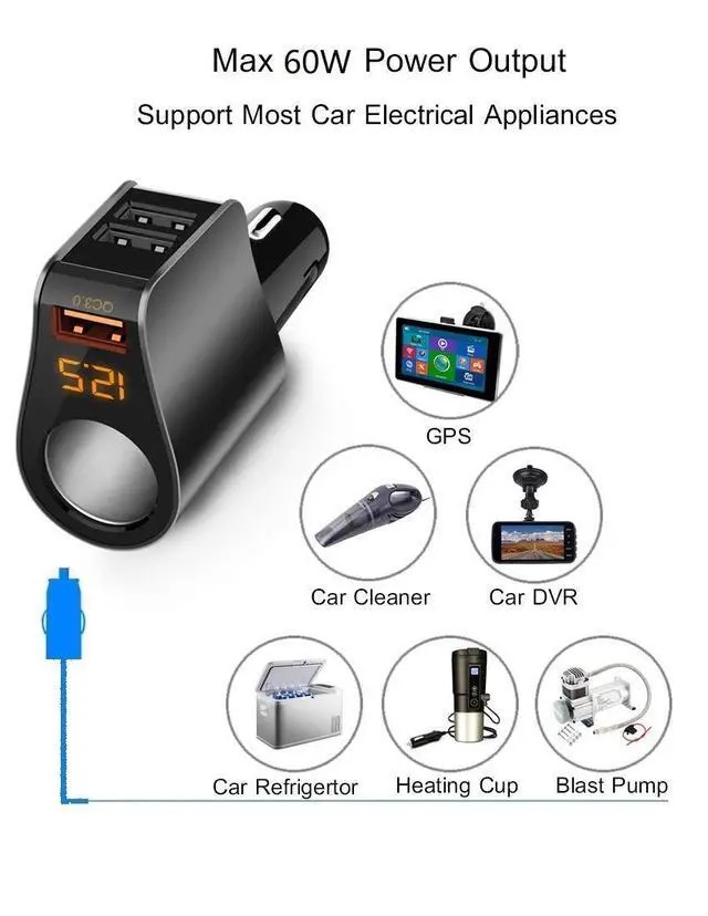 Alt view image 4 of 7 - 3 USB Car Charger,Fast Charging,Cigarette Lighter Adapter