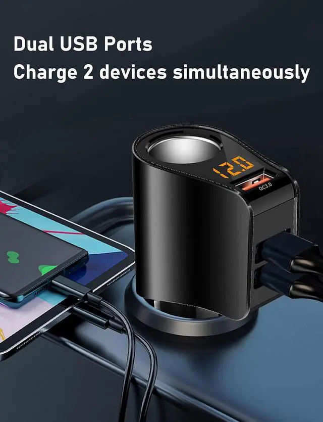 Alt view image 3 of 7 - 3 USB Car Charger,Fast Charging,Cigarette Lighter Adapter