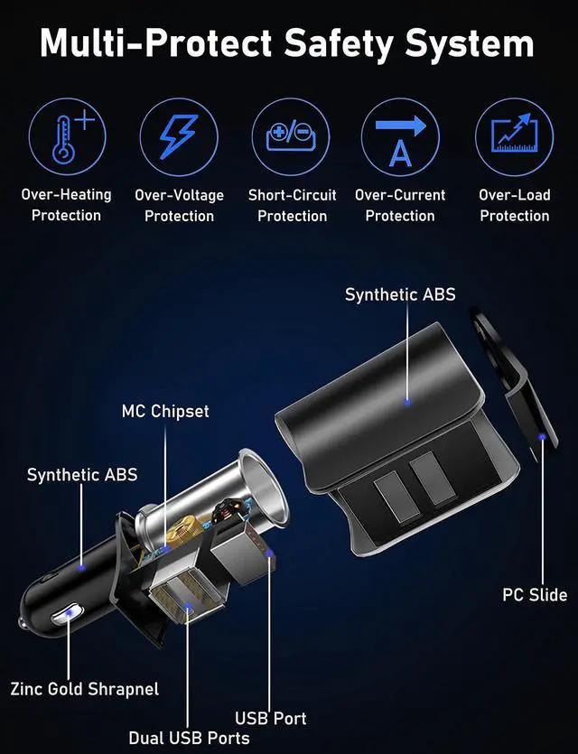 Alt view image 6 of 7 - 3 USB Car Charger,Fast Charging,Cigarette Lighter Adapter