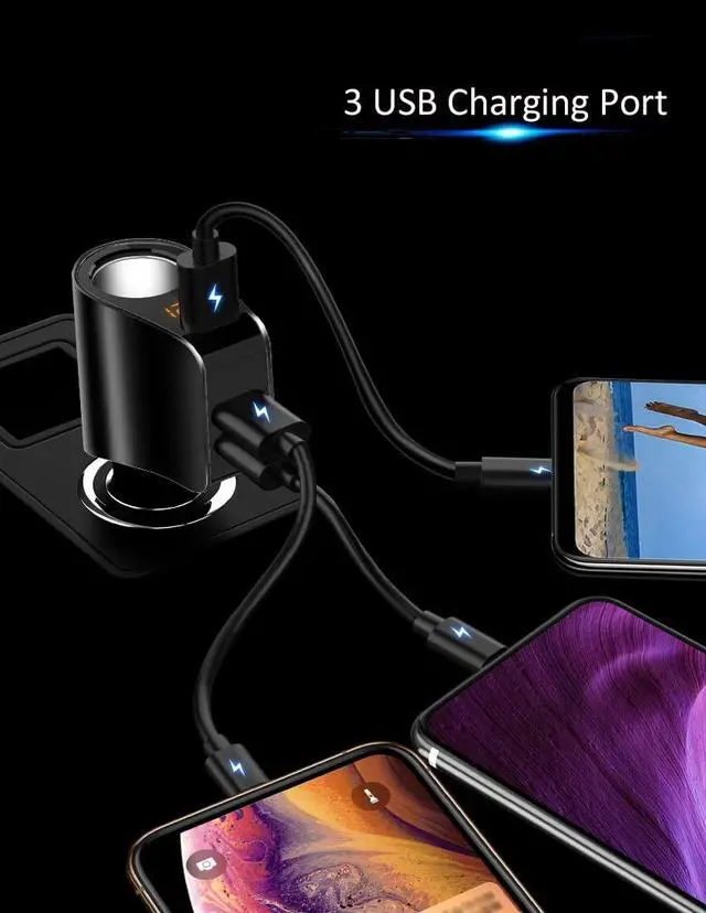 Alt view image 3 of 7 - 3 USB Car Charger, Cigarette Lighter Adapter, Voltage Meter