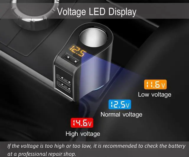 Alt view image 4 of 7 - 3 USB Car Charger, Cigarette Lighter Adapter, Voltage Meter