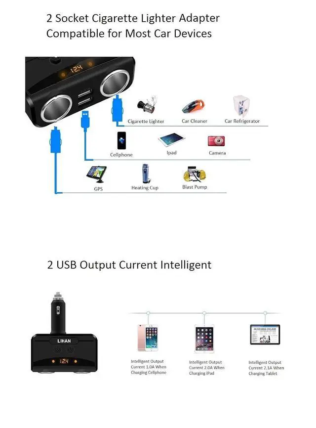 Alt view image 2 of 7 - 2 Socket Cigarette Lighter Adapter,fit Cigarette Butt,2 USB