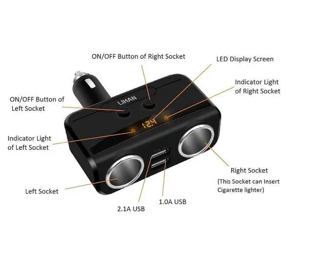 Alt view image 5 of 7 - 2 Socket Cigarette Lighter Adapter,fit Cigarette Butt,2 USB