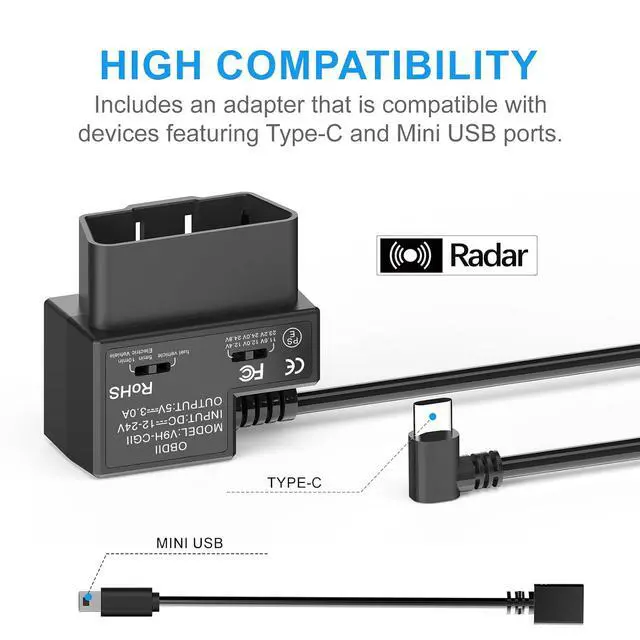 Alt view image 5 of 6 - Radar OBD Hardwire Kit for Dash Cam, Millimeter-Wave Motion Detection, Plug & Play OBD Power Cable with Parking Mode, Low Voltage Protection