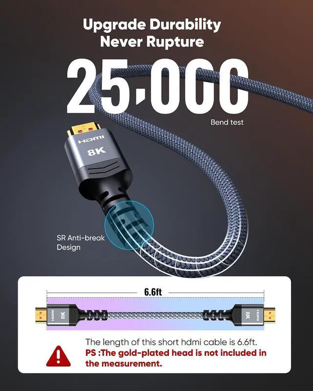 Alt view image 5 of 7 - 8K 10K 4K HDMI Cable 48Gbps 6.6FT/2M, Certified Ultra High Speed
