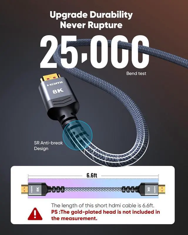 Alt view image 5 of 7 - 8K 10K 4K HDMI Cable 48Gbps 1FT/0.3M, Certified Ultra High Speed
