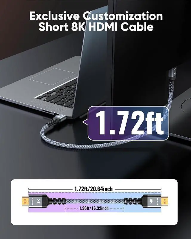 Alt view image 3 of 7 - Extra Short 8K HDMI Cable 1.72ft Total Length, 1.3ft Cable Length