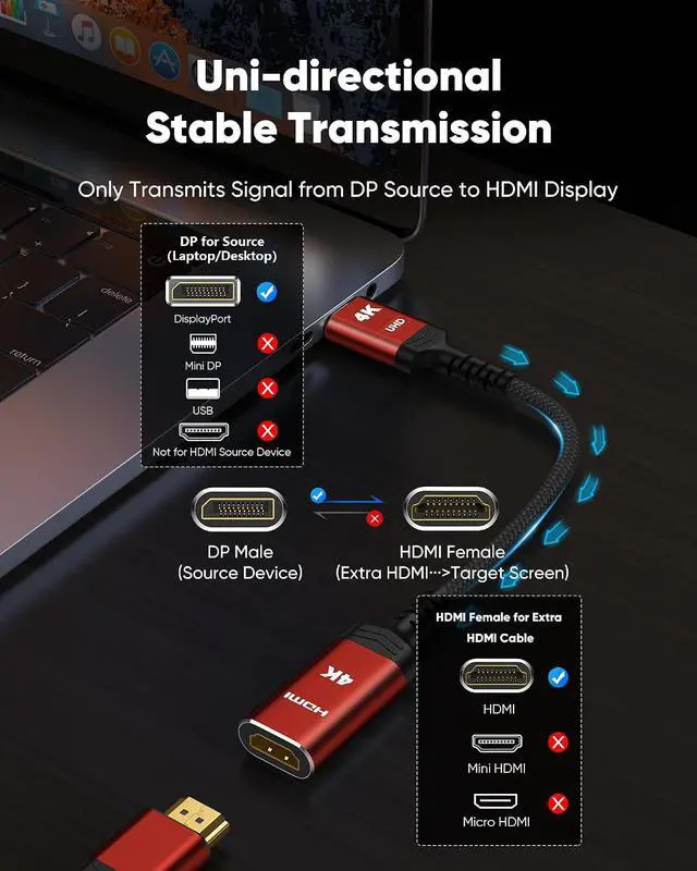 Alt view image 3 of 7 - 4K DisplayPort to HDMI Adapter, Uni-Directional (Red)