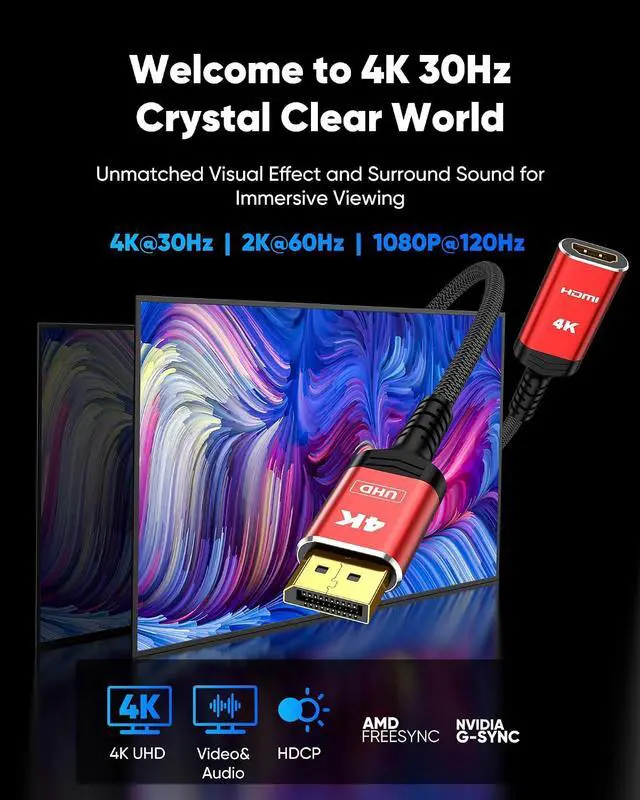 Alt view image 2 of 7 - 4K DisplayPort to HDMI Adapter, Uni-Directional (Red)