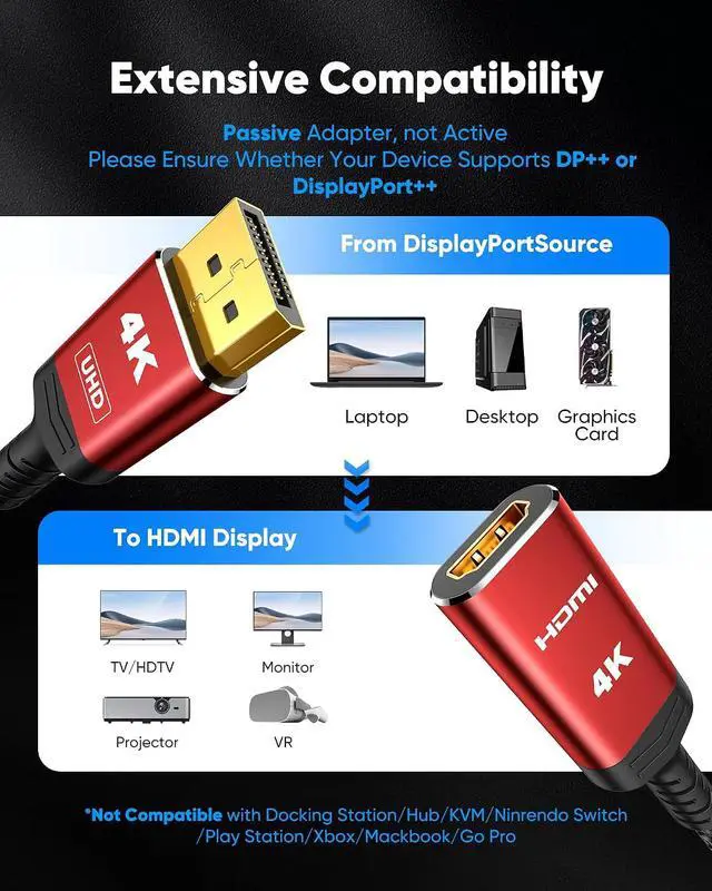 Alt view image 4 of 7 - 4K DisplayPort to HDMI Adapter, Uni-Directional (Red)
