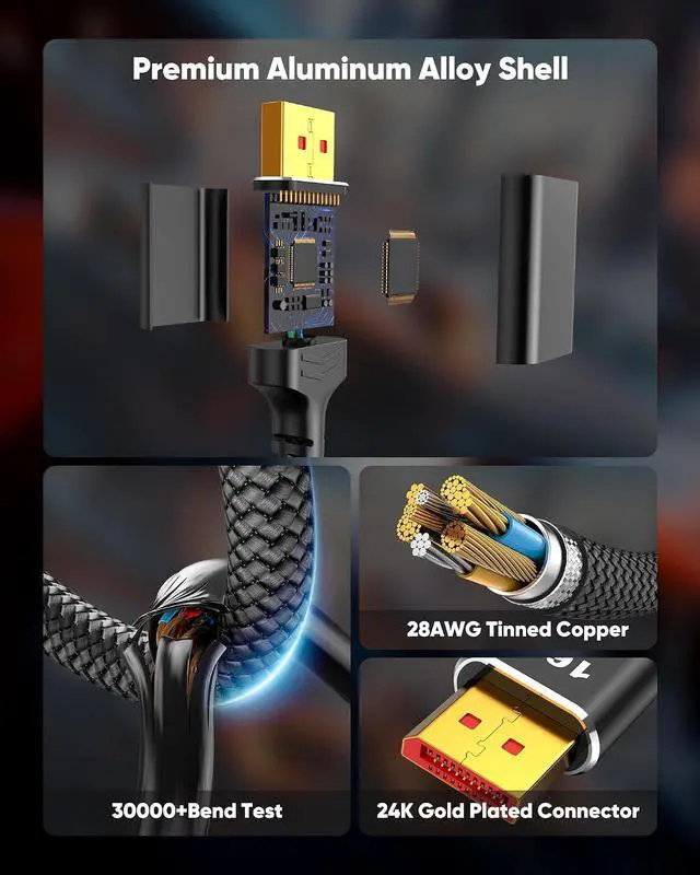 Alt view image 6 of 7 - 80Gbps Displayport Cable 2.1 6.6FT, 16K@60Hz, 8K@120Hz, 4K@240Hz