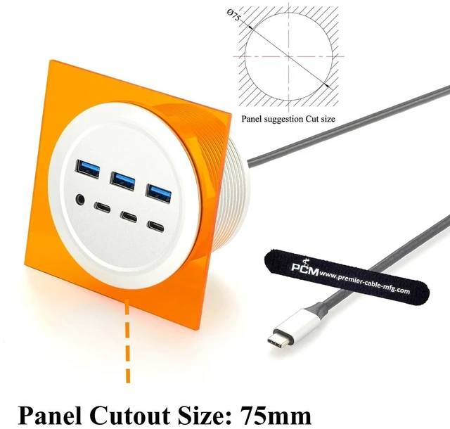 Alt view image 2 of 7 - 7-Port USB Desktop Grommet Hub, 10Gbps USB-A USB-C, 3.5mm Audio Jack (1.5M)