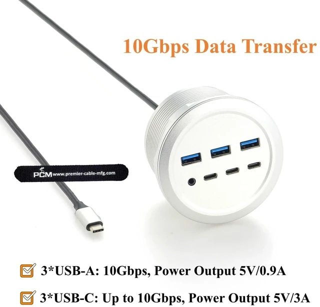 Alt view image 3 of 7 - 7-Port USB Desktop Grommet Hub, 10Gbps USB-A USB-C, 3.5mm Audio Jack (1.5M)