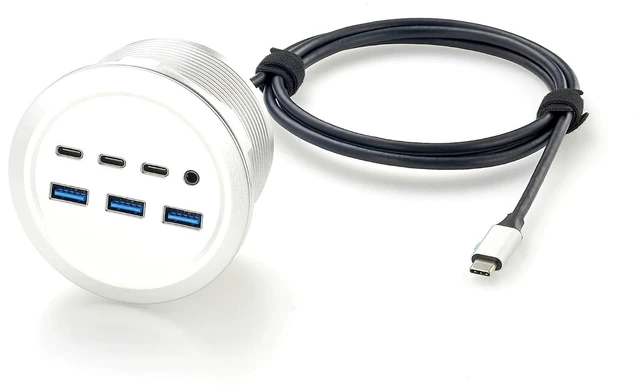 Main image of 7-Port USB Desktop Grommet Hub, 10Gbps USB-A USB-C, 3.5mm Audio Jack (1.5M)