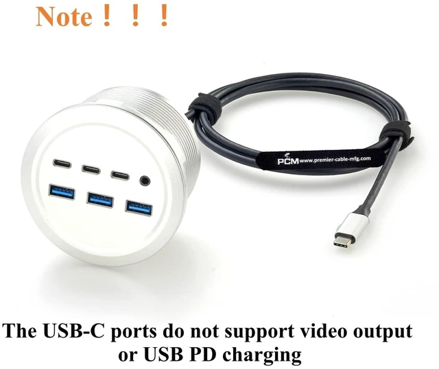 Alt view image 5 of 7 - 7-Port USB Desktop Grommet Hub, 10Gbps USB-A USB-C, 3.5mm Audio Jack (1.5M)