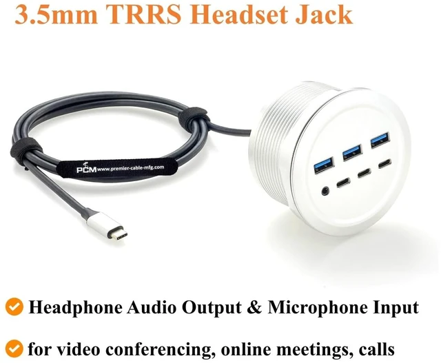 Alt view image 4 of 7 - 7-Port USB Desktop Grommet Hub, 10Gbps USB-A USB-C, 3.5mm Audio Jack (1.5M)