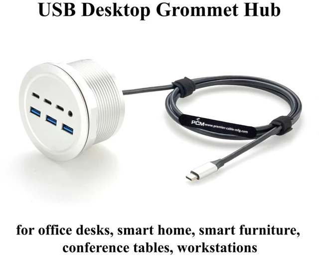Alt view image 6 of 7 - 7-Port USB Desktop Grommet Hub, 10Gbps USB-A USB-C, 3.5mm Audio Jack (1.5M)