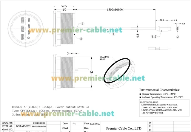 Alt view image 7 of 7 - 7-Port USB Desktop Grommet Hub, 10Gbps USB-A USB-C, 3.5mm Audio Jack (1.5M)