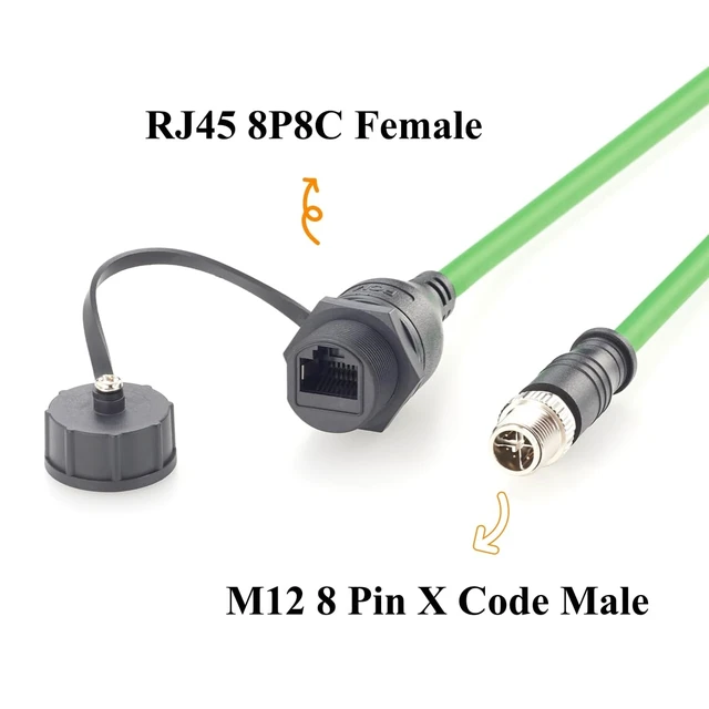 Alt view image 2 of 7 - IP67 M12 8 Pin X-Code to RJ45 Female Panel Mount CAT6A Ethernet Cable (1FT)