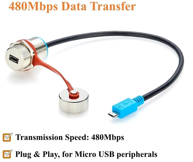 Alt view image 4 of 7 - Waterproof Micro USB 2.0 Male to Female Panel Mount Extension Cable (1FT)