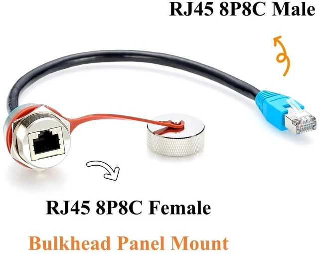 Alt view image 3 of 7 - IP67 RJ45 CAT6 Male to Female Panel Mount Extension Cable (Black, 0.3M/1FT)