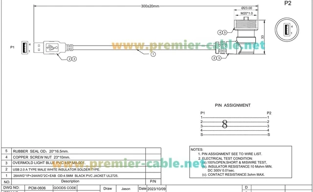 Alt view image 7 of 7 - IP67 Right Angle USB 2.0 A Male to Male Cable, Threaded Lock (1M/3.28FT)
